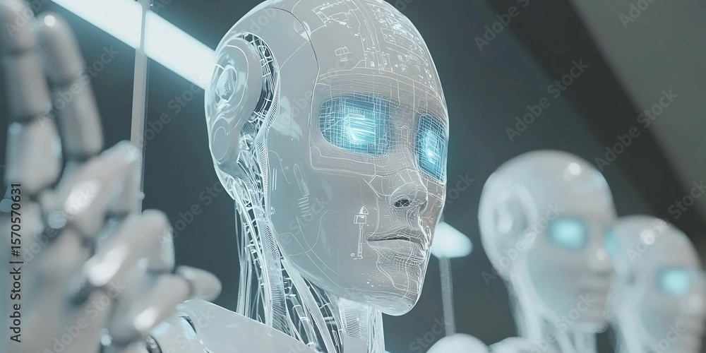 Poster futuristic assembly line: production of advanced humanoid robots in a factory
