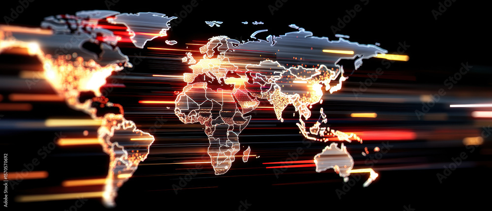 Poster global supply chain disruption concept with illuminated world map and fast moving light streaks repr