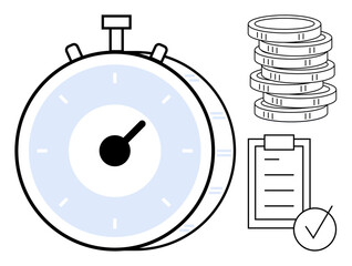 Large stopwatch, stack of coins representing cost or value, checklist with a checkmark symbolizing tasks. Ideal for time management, productivity, efficiency, scheduling, planning, goal setting