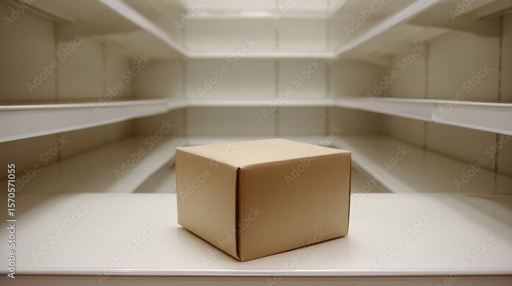 Poster empty shelf with single cardboard box supply chain disruption concept showing shortage and delivery 