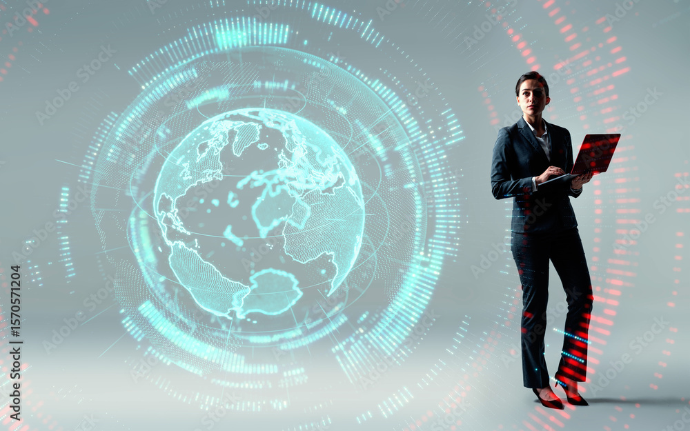 Poster Collage of digital technology images with a woman using a PC. Wide angle visual for banners or advertisements.