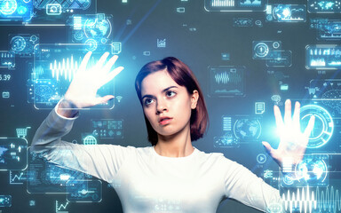 Collage of woman and digital technology images. Wide angle visual for banners or advertisements.
