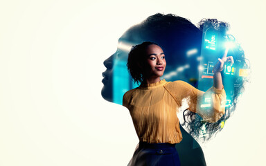 Collage of female silhouette and digital technology images. Wide angle visual for banners or...