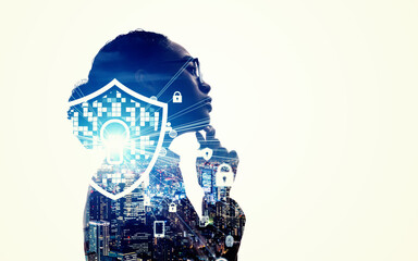 Collage of female silhouette and security image. Wide angle visual for banners or advertisements.