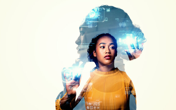 Collage of female silhouette and digital technology images. Wide angle visual for banners or advertisements.