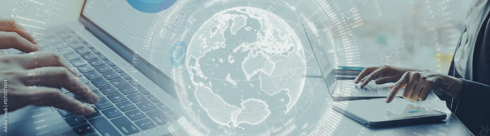 Poster collage of people using digital devices and global network. wide angle visual for banners or adverti