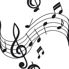 A set of musical notes and treble clef flying in mid-air, isolated on white