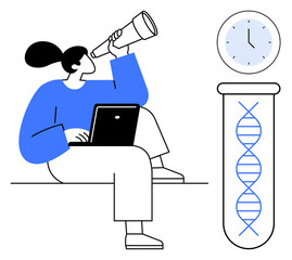 Researcher holding telescope, using laptop, DNA structure in test tube beside clock. Ideal for science, innovation, genetics, research, biotechnology analysis discovery. Simple flat metaphor