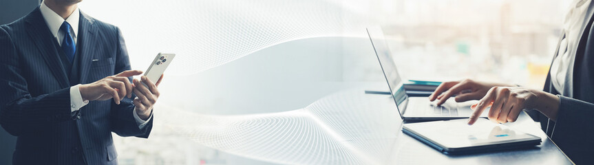 Collage of people using digital devices and networking. Wide angle visual for banners or advertisements.