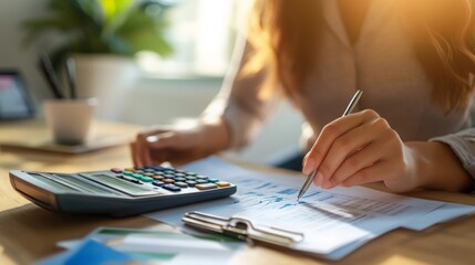 A person uses a calculator and pen to work on financial documents, focusing on calculations and data analysis with sunlight streaming in.