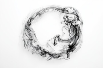 Ethereal Smoke Ring Abstract Design Black Ink Flowing Gently Across White Space on white background. Generative Ai