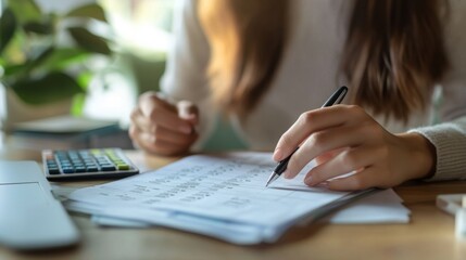 A person is writing mathematical equations on paper with a pen, while a calculator and laptop are nearby on a wooden desk.