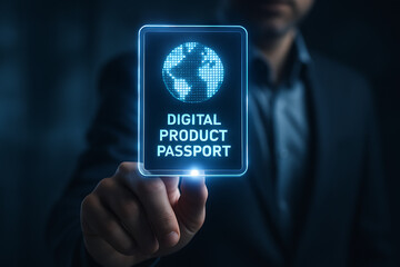 Hand touching holographic Digital Product Passport interface with pixelated globe and authentication display, symbolizing global traceability and smart product verification
