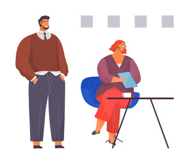 Two colleagues in discussion, one standing with hands in pockets, the other seated holding documents at a table. Ideal for teamwork, collaboration, workplace communication, office culture