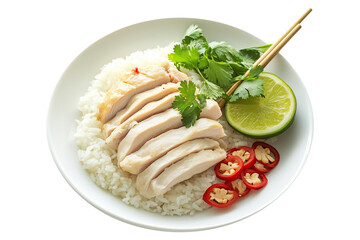 Hainanese chicken rice Khao Man Gai served with sliced cucumbers, chili, and garlic sauce in bowl isolated on white transparent background, concept of Asian cuisine meal