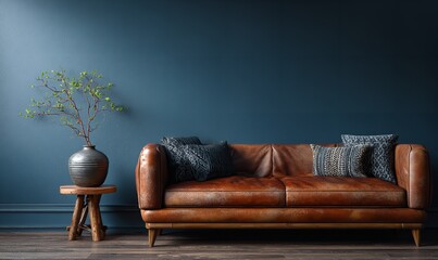 Serene blue backdrop to a rustic leather couch with accent pillows and a sprig vase against a dark
