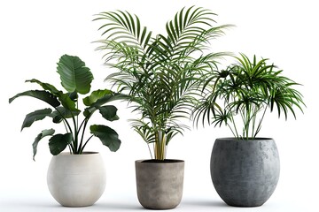 Three different potted houseplants isolated on white background create a serene indoor garden