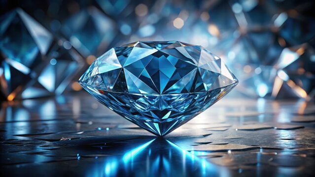 A large blue shiny diamond stone with intricate geometric patterns and metallic reflections against a dark abstract background, high-end, metallic reflection