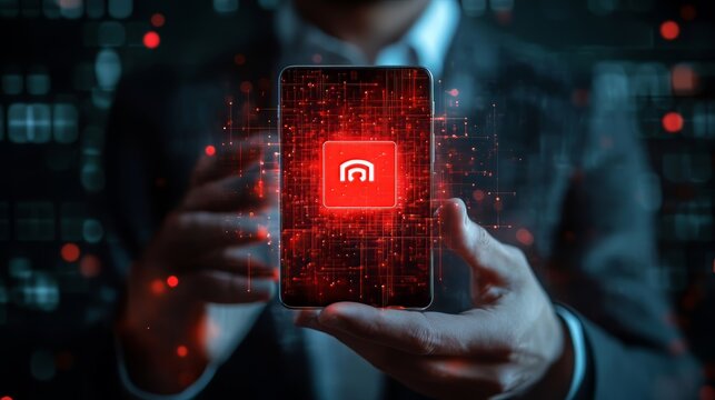 Application notification concept: Businessman using smartphone with notification icon for app updates and alerts.