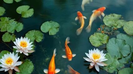 Aerial angle of calm pond with orange koi fish circling white lotus blooms, gentle water ripples and green lily pads