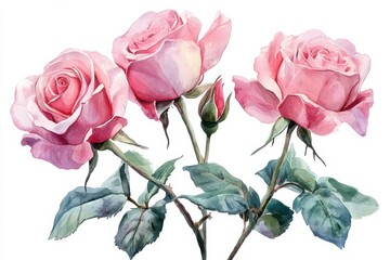 Obraz premium Watercolor Roses Bouquet Pink Floral Art Romantic Flower Painting Bud and Bloom on white background. Generative Ai