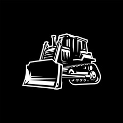 A stylized illustration of a bulldozer, depicted in white lines against a black background.
