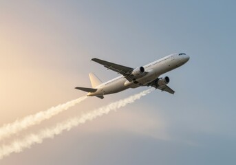 Fototapeta premium A white passenger jet ascends through a hazy sky leaving a trail of white smoke