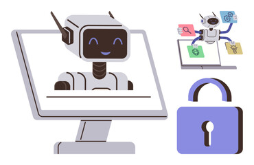 Robot smiling on monitor screen, multitasking with tools thumbs up search, settings, ideas, and lock symbol. Ideal for AI, technology, multitasking, innovation cybersecurity automation simple