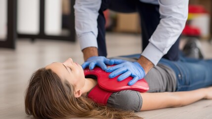 First aid response. Course for paramedic. Patient assessment. Fainting. Unconscious. Instructor performs chest compression