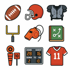 Collection of american football game elements and equipment icons