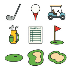 Collection of flat design golf icons featuring equipment and course elements
