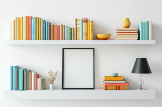 Vector illustration of a wooden bookshelf filled with books in a home interior setting