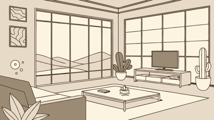 A minimalist living room interior with large windows showcasing a serene landscape featuring a sofa coffee table with decor and potted plants creating a calm and modern aesthetic