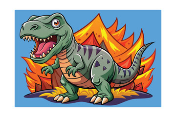 Obraz premium Cartoon Tyrannosaurus Rex Roaring in Front of Fiery Volcano, Prehistoric Predator Surrounded by Lava and Ash, Dangerously Close to Explosion
