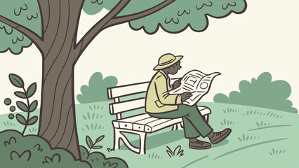 A man wearing a hat sits on a park bench under a tree reading a newspaper surrounded by greenery and grass on a pleasant day