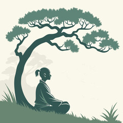 A serene silhouette of a person meditating peacefully under the sprawling branches of a large ancient pine tree on a grassy hill with a soft pale background