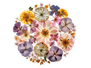 Pressed Flowers in Radial Composition on White Background 