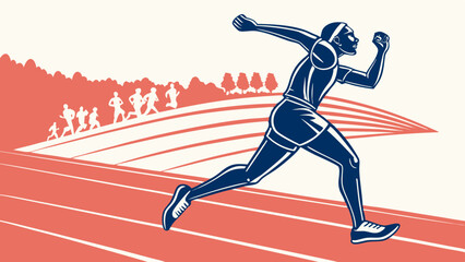 Dynamic illustration of a determined athlete in full sprint on a running track with a stylized landscape and a group of runners in the background symbolizing competition and achievement