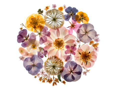 Pressed Flowers in Radial Composition on White Background 