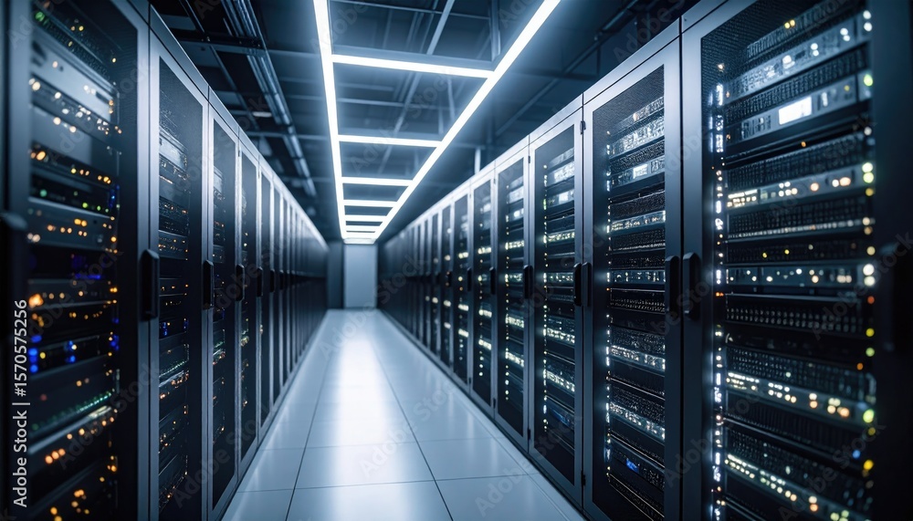 Poster data center server racks in dark hallway with illuminated indicators and metallic doors showing digi