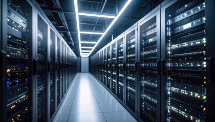 Data Center Server Racks In Dark Hallway With Illuminated Indicators And Metallic Doors Showing Digital Data Processing