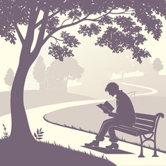 A solitary figure enjoys a peaceful moment of reading a book while seated on a park bench under the dappled shade of a large tree on a serene autumn day