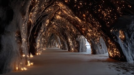 Magical Glowing Cave Waterfall Pathway