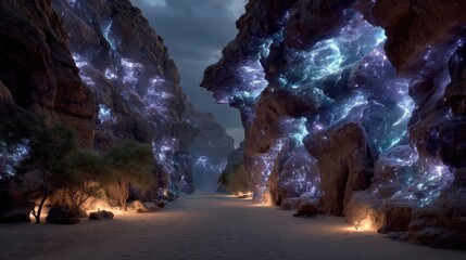 Magical Desert Canyon at Night with Glowing Blue Rocks