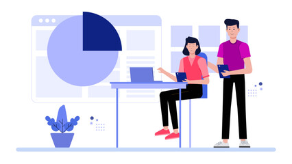 Project team setting milestones with Gantt chart flat vector illustration