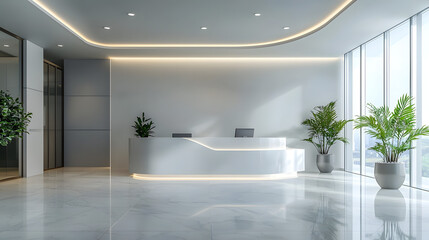 Minimalist white colored reception of modern medical office hospital interior mock up 