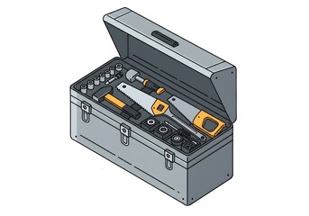 Isometric toolbox filled with tools for repair and construction tasks