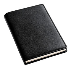 A sleek black leather bound notebook with textured cover and cream pages isolated on transparent background