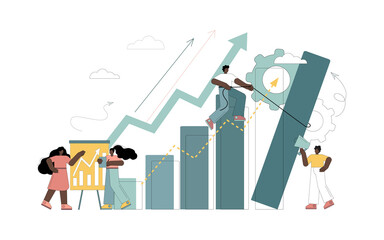 The concept of success, financial growth, profit. Little people plan, develop the company