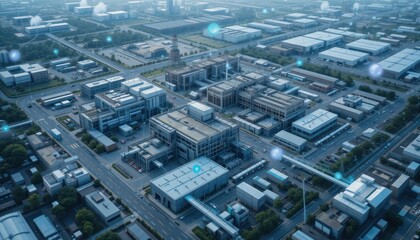 Aerial View of Smart Factory Complex: Networked Industrial Buildings & Technology